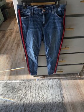 Joe's Jeans Dark Blue Ankle Jeans with Red Side Stripes